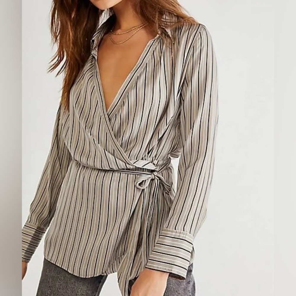 NWT Free People Arlo Striped Long Sleeve Wrap Top Natural, XS